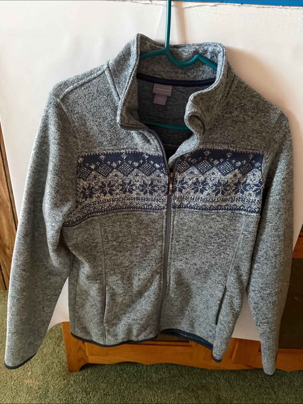 Laura Scott Gray Zip-Up Sweater with Navy Fair Isle Chest Medium EUC ladies